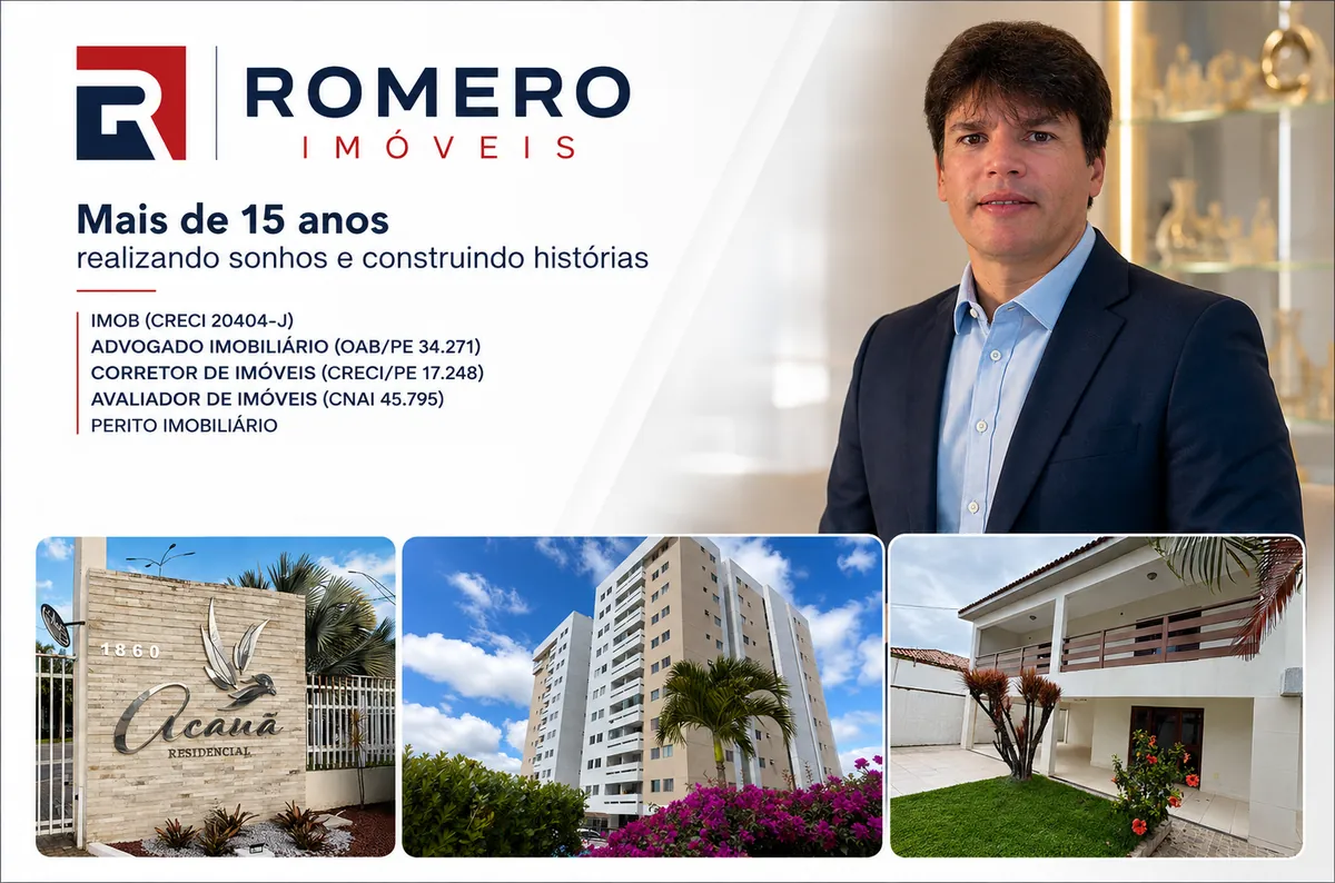 Mini banner da Romero Imóveis: mais de 15 anos realizando sonhos e construindo histórias, registros CRECI 20404-J, OAB/PE 34.271, CRECI/PE 17.248 e CNAI 45.795, foto do corretor e imóveis de Caruaru
